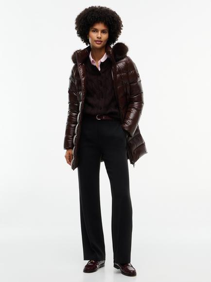 Tommy Hilfiger Shiny Down Faux Fur Hooded Slim Coat, Chocolate Brown, Chocolate Brown