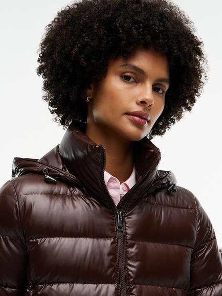 Tommy Hilfiger Shiny Down Faux Fur Hooded Slim Coat, Chocolate Brown - view 2, Chocolate Brown
