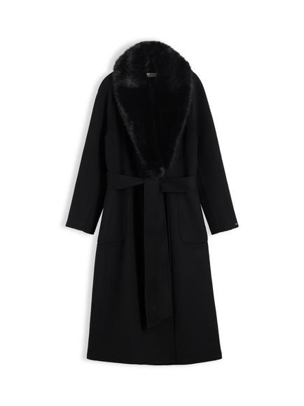 Tommy Hilfiger Faux Fur Collar Belted Wool Blend Coat, Black, Black