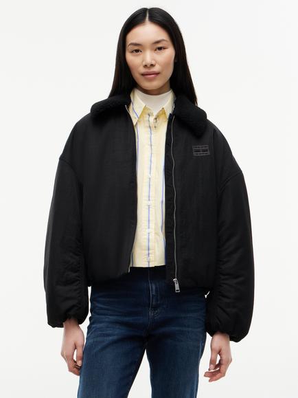 Tommy Hilfiger Faux Fur Collar Oversized Bomber Jacket, Black