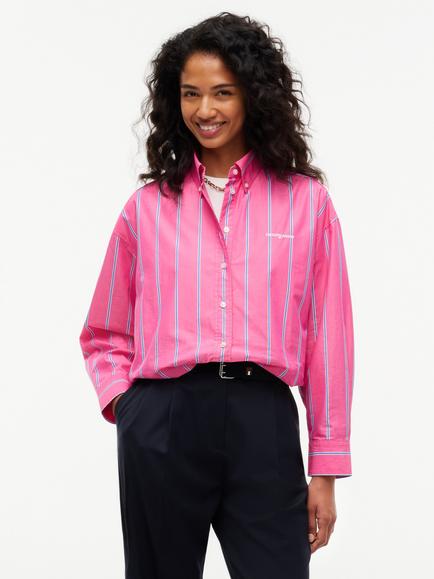 Tommy Hilfiger Cotton Stripe Gathered Hem Cropped Shirt, Pink/Multi, Pink/Multi