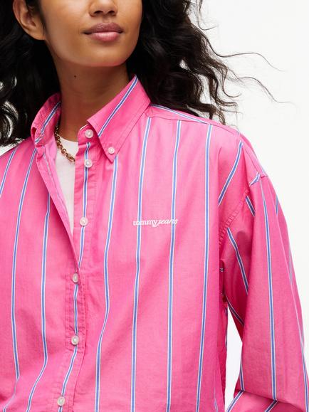 Tommy Hilfiger Cotton Stripe Gathered Hem Cropped Shirt, Pink/Multi - view 2, Pink/Multi