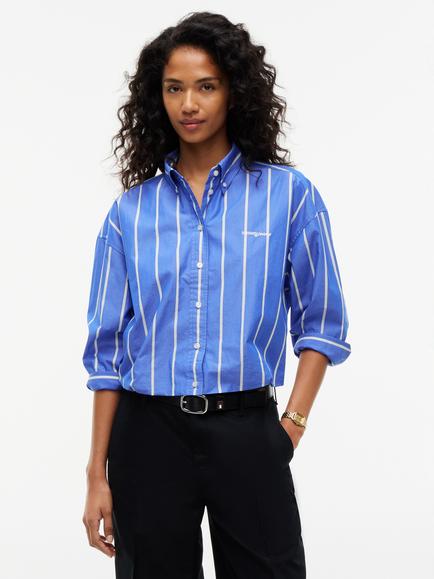 Tommy Hilfiger Cotton Stripe Gathered Hem Cropped Shirt, Blue/Multi, Blue/Multi