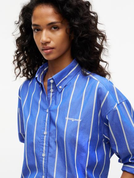Tommy Hilfiger Cotton Stripe Gathered Hem Cropped Shirt, Blue/Multi - view 2, Blue/Multi