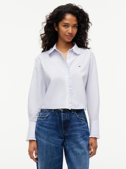 Tommy Hilfiger Cotton Stripe Ruffle Detail Shirt, Blue, Blue