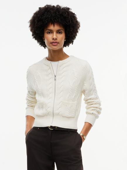 Tommy Hilfiger Wool Blend Cable Knit Slim Zip Through Cardigan, Ivory, Ivory