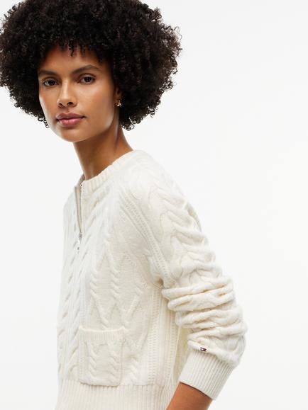 Tommy Hilfiger Wool Blend Cable Knit Slim Zip Through Cardigan, Ivory - view 2, Ivory