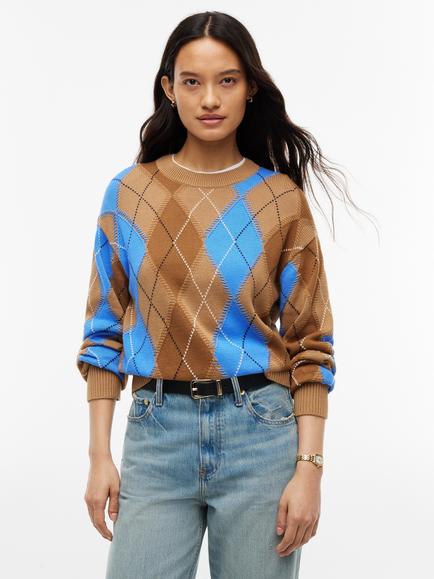 Tommy Hilfiger Argyle Relaxed Crew Neck Jumper, Camel/Blue, Camel/Blue