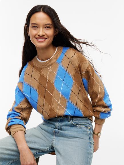 Tommy Hilfiger Argyle Relaxed Crew Neck Jumper, Camel/Blue - view 2, Camel/Blue