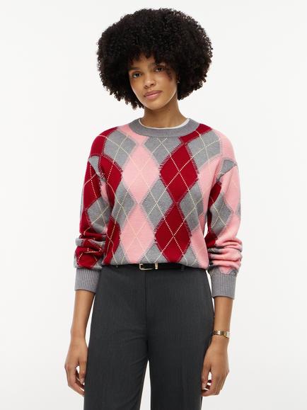 Tommy Hilfiger Argyle Relaxed Crew Neck Jumper, Grey/Multi, Grey/Multi