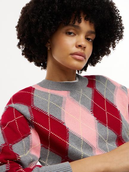 Tommy Hilfiger Argyle Relaxed Crew Neck Jumper, Grey/Multi - view 2, Grey/Multi