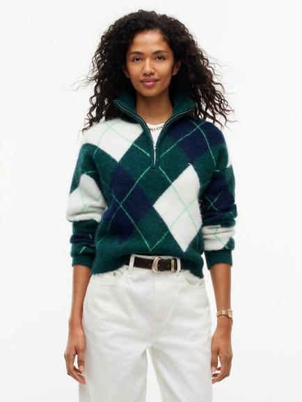 Tommy Hilfiger Alpaca Blend Fluffy Cropped Quarter-Zip Jumper, Dark Green, Dark Green