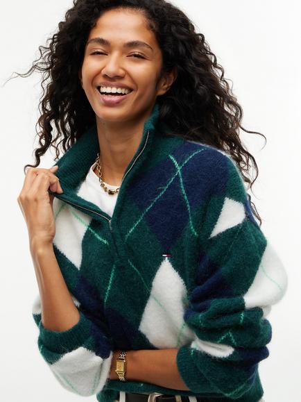 Tommy Hilfiger Alpaca Blend Fluffy Cropped Quarter-Zip Jumper, Dark Green - view 2, Dark Green