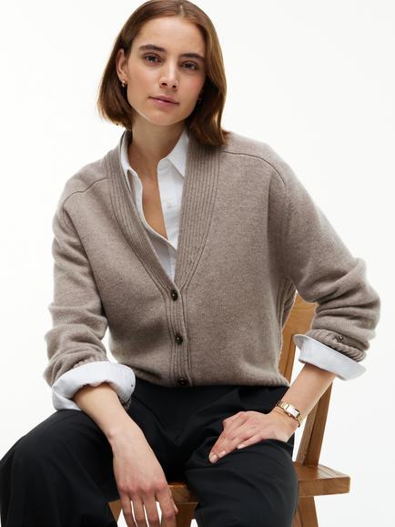 Tommy Hilfiger Wool-Cashmere Relaxed V-Neck Cardigan, Light Brown - view 2, Light Brown