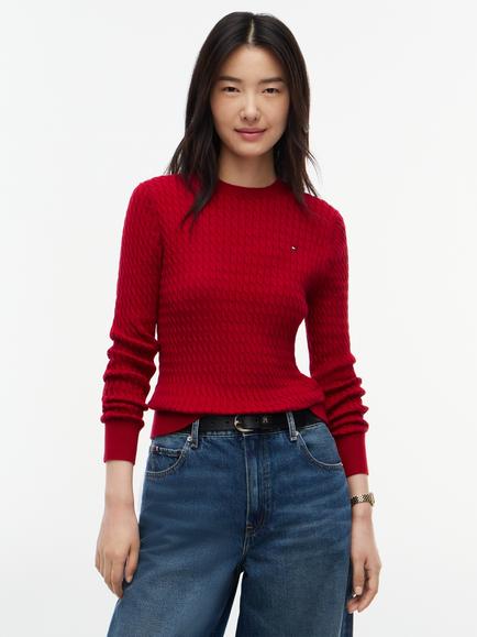 Tommy Hilfiger Crew Neck Cable Knit Jumper, Raspberry, Raspberry