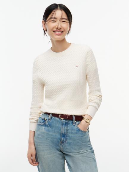 Tommy Hilfiger Fine Cable Knit Crew Neck Jumper, Ivory, Ivory