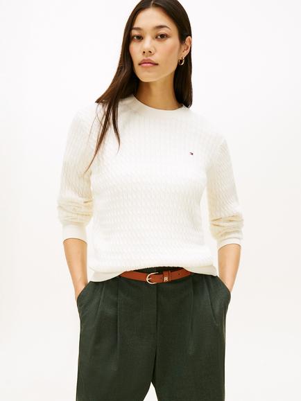 Tommy Hilfiger Fine Cable Knit Crew Neck Jumper, Ivory - view 2, Ivory