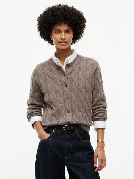 Tommy Hilfiger Soft Wool Slim Fit Cable Knit Jumper, Brown, Brown