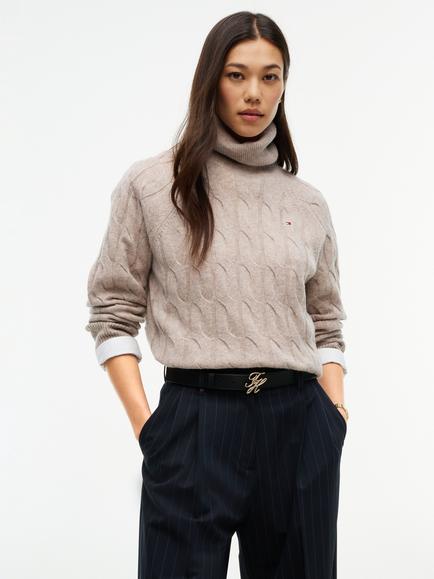 Tommy Hilfiger Pure Wool Cable Roll Neck Jumper, Beige
