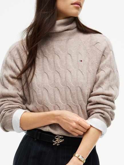 Tommy Hilfiger Pure Wool Cable Roll Neck Jumper - view 2, Beige