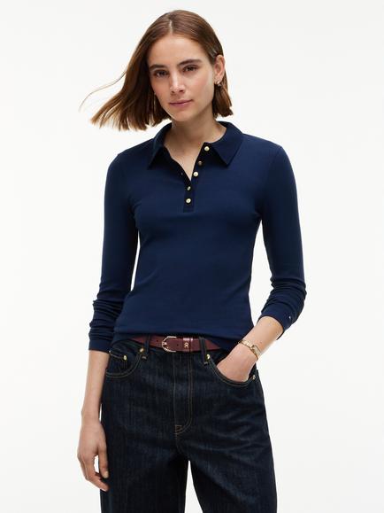 Tommy Hilfiger Slim Fit Ribbed Long Sleeve Polo Shirt, Navy, Navy