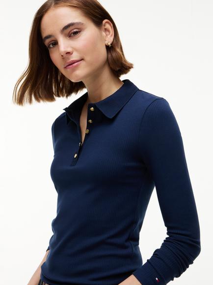 Tommy Hilfiger Slim Fit Ribbed Long Sleeve Polo Shirt, Navy - view 2, Navy