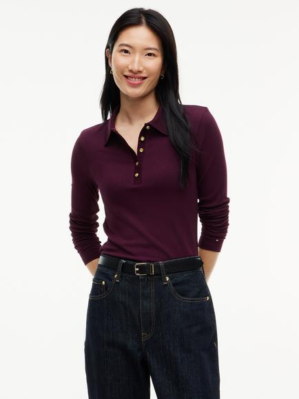 Tommy Hilfiger Slim Fit Ribbed Long Sleeve Polo Shirt, Burgundy, Burgundy