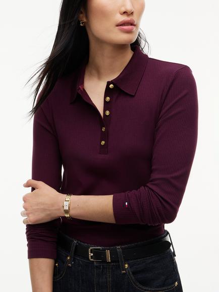 Tommy Hilfiger Slim Fit Ribbed Long Sleeve Polo Shirt, Burgundy - view 2, Burgundy