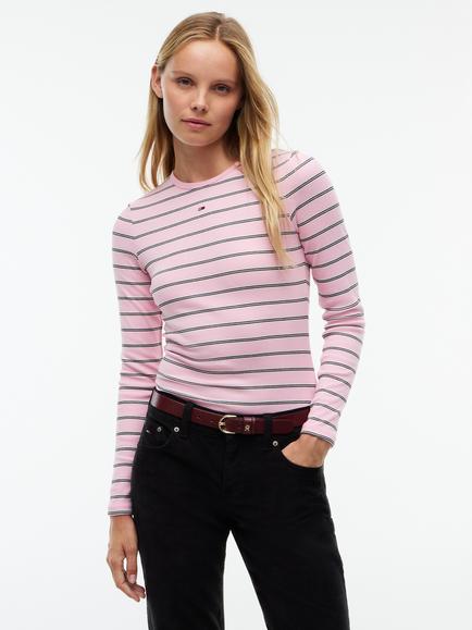 Tommy Hilfiger Striped Slim Ribbed Long Sleeve T-Shirt, Pink/Multi, Pink/Multi