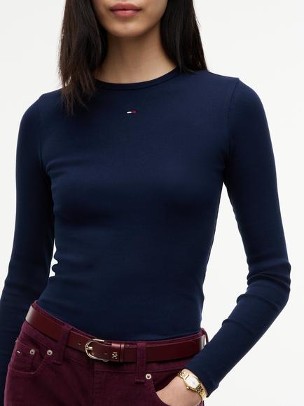 Tommy Hilfiger Slim Ribbed Long Sleeve T-Shirt, Dark Blue