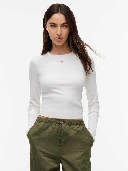 Tommy Hilfiger Slim Ribbed Long Sleeve T-Shirt, Natural