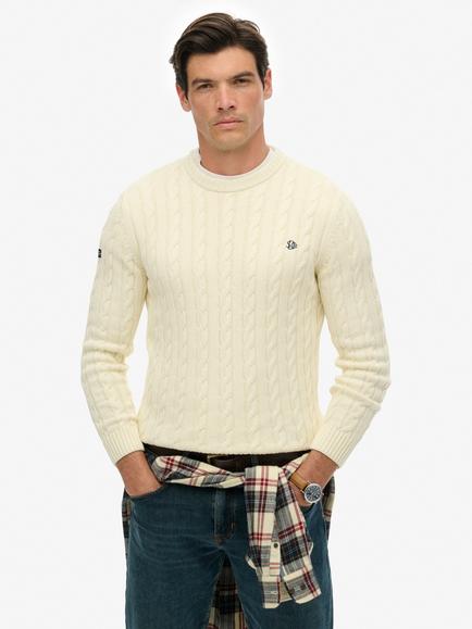 Superdry Cable Knit Crew Neck Cotton Jumper, Ecru, Ecru