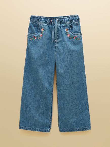 Joules Kids' Pull-On Embroidered Drawstring Jeans, Mid Blue Denim, Mid Blue Denim