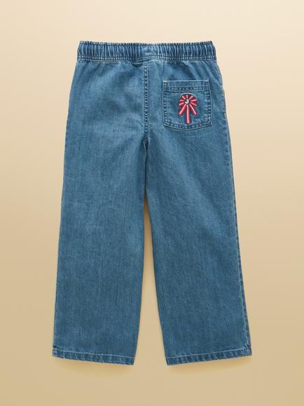 Joules Kids' Pull-On Embroidered Drawstring Jeans, Mid Blue Denim - view 2, Mid Blue Denim