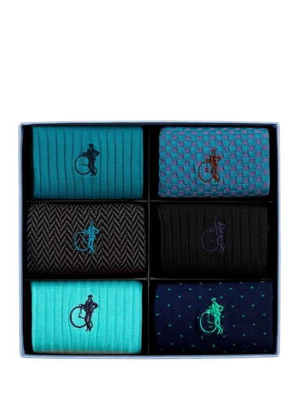 London Sock Company Dash of Class Cotton Blend Socks, Pack of 6, Ocean Blue/Multi, Ocean Blue/Multi