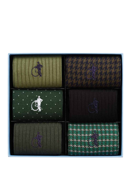 London Sock Company Dash of Class Cotton Blend Socks, Pack of 6, Olive Green/Multi, Olive Green/Multi