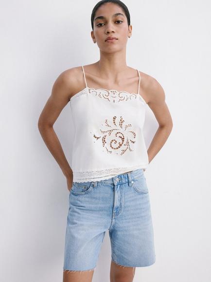 Mango Straight Low-Rise Denim Bermuda Shorts, Blue, Blue