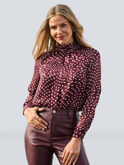 Sosandar Spot Print Satin Tie Neck Blouse, Burgundy, Burgundy