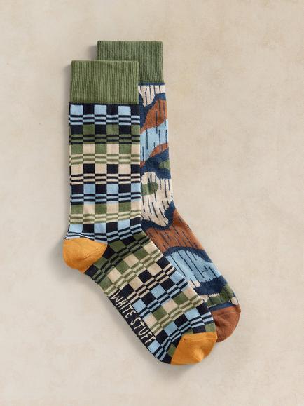White Stuff Cotton Blend Floral Check Ankle Socks, Pack of 2, Blue/Multi, Blue/Multi