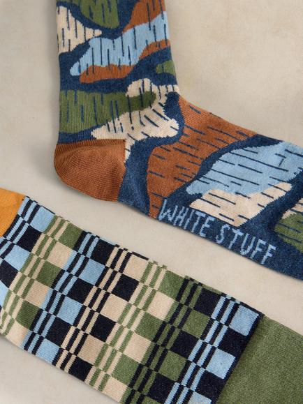 White Stuff Cotton Blend Floral Check Ankle Socks, Pack of 2, Blue/Multi - view 2, Blue/Multi