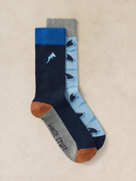 White Stuff Cotton Blend Shark Ankle Socks, Pack of 2, Mid Blue, Mid Blue