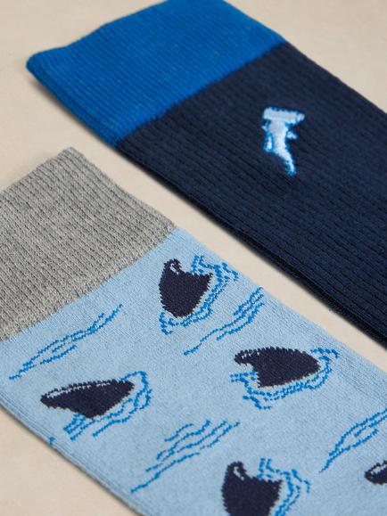 White Stuff Cotton Blend Shark Ankle Socks, Pack of 2, Mid Blue - view 2, Mid Blue