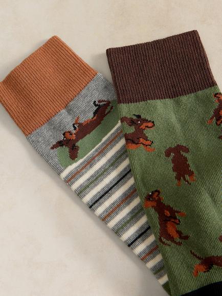 White Stuff Cotton Blend Sausage Dog Ankle Socks, Pack of 2, Green/Multi - view 2, Green/Multi