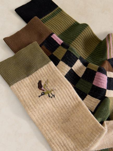 White Stuff Cotton Blend Bird Rib Ankle Socks, Pack of 3, Green/Multi - view 2, Green/Multi