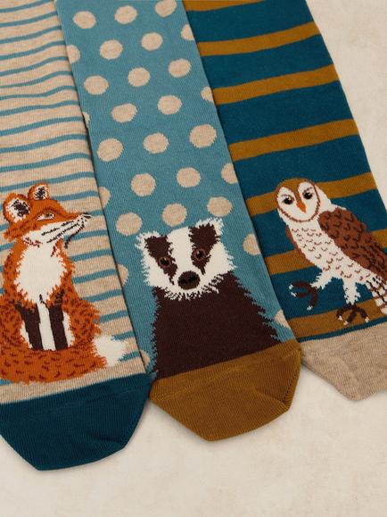 White Stuff Cotton Blend Woodland Ankle Socks, Pack of 3, Natural/Multi - view 2, Natural/Multi