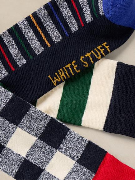 White Stuff Cotton Blend Pattern Ankle Socks, Pack of 3, Navy/Multi - view 2, Navy/Multi