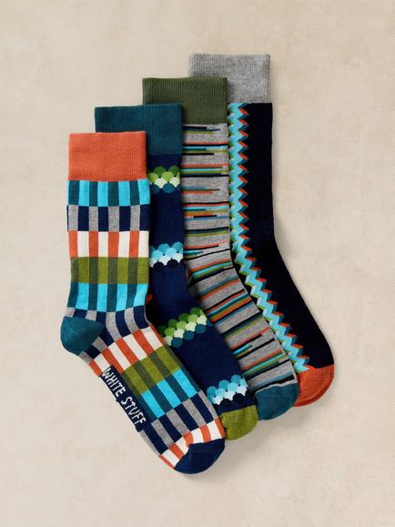 White Stuff Cotton Blend Mixed Geometric Ankle Socks, Pack of 4, Navy/Multi, Navy/Multi