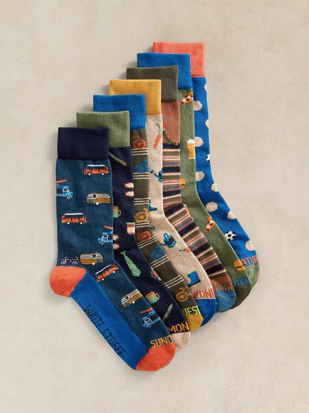 White Stuff Cotton Blend Days of the Week Socks, Pack of 7, Green/Multi, Green/Multi