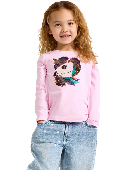 Lindex Kids' Long Sleeve Reversible Sequin Unicorn T-Shirt, Light Pink, Light Pink