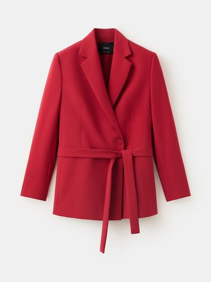 Mango Americana Single Breasted Belted Blazer, Red, Red